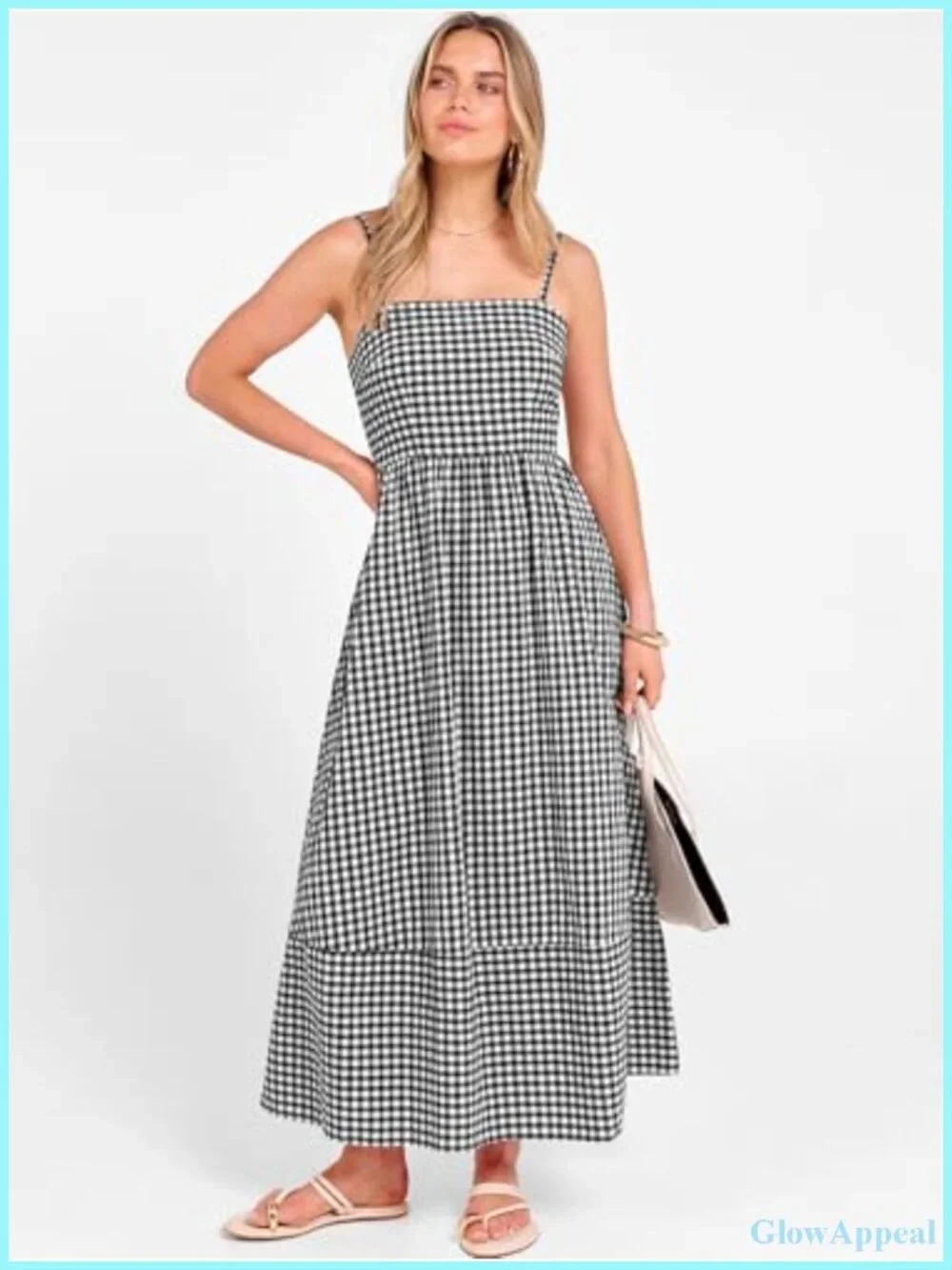 Womens Gingham Spaghetti Strap Smocked Back Flowy Maxi Sundress